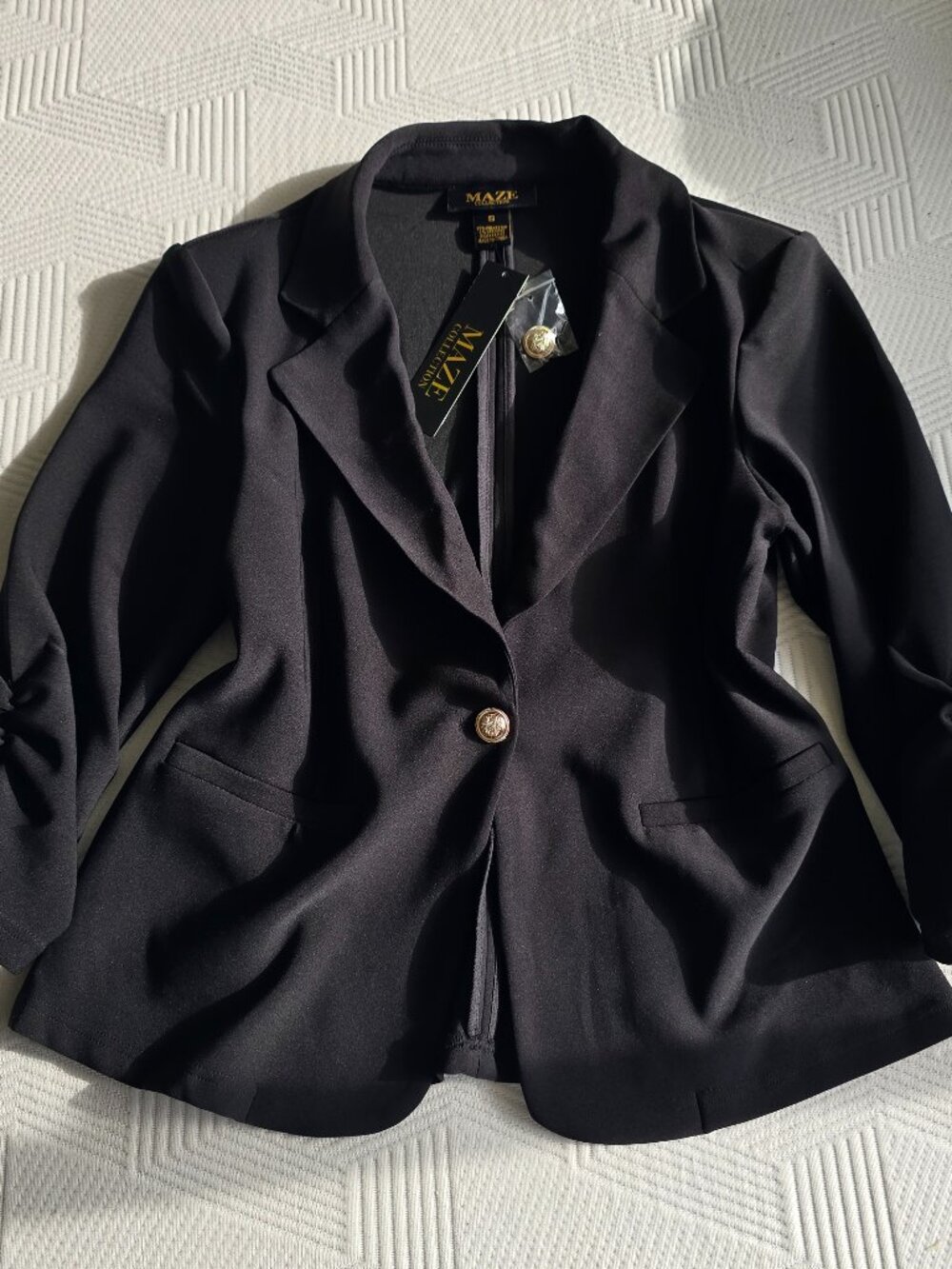 NWT Maze Collection Black Ruched Sleeve Gold Button Blazer Jacket Size Small